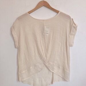 (A11) E&M Inverted knot tie front shortsleeved cream top, Size Large, NWT
